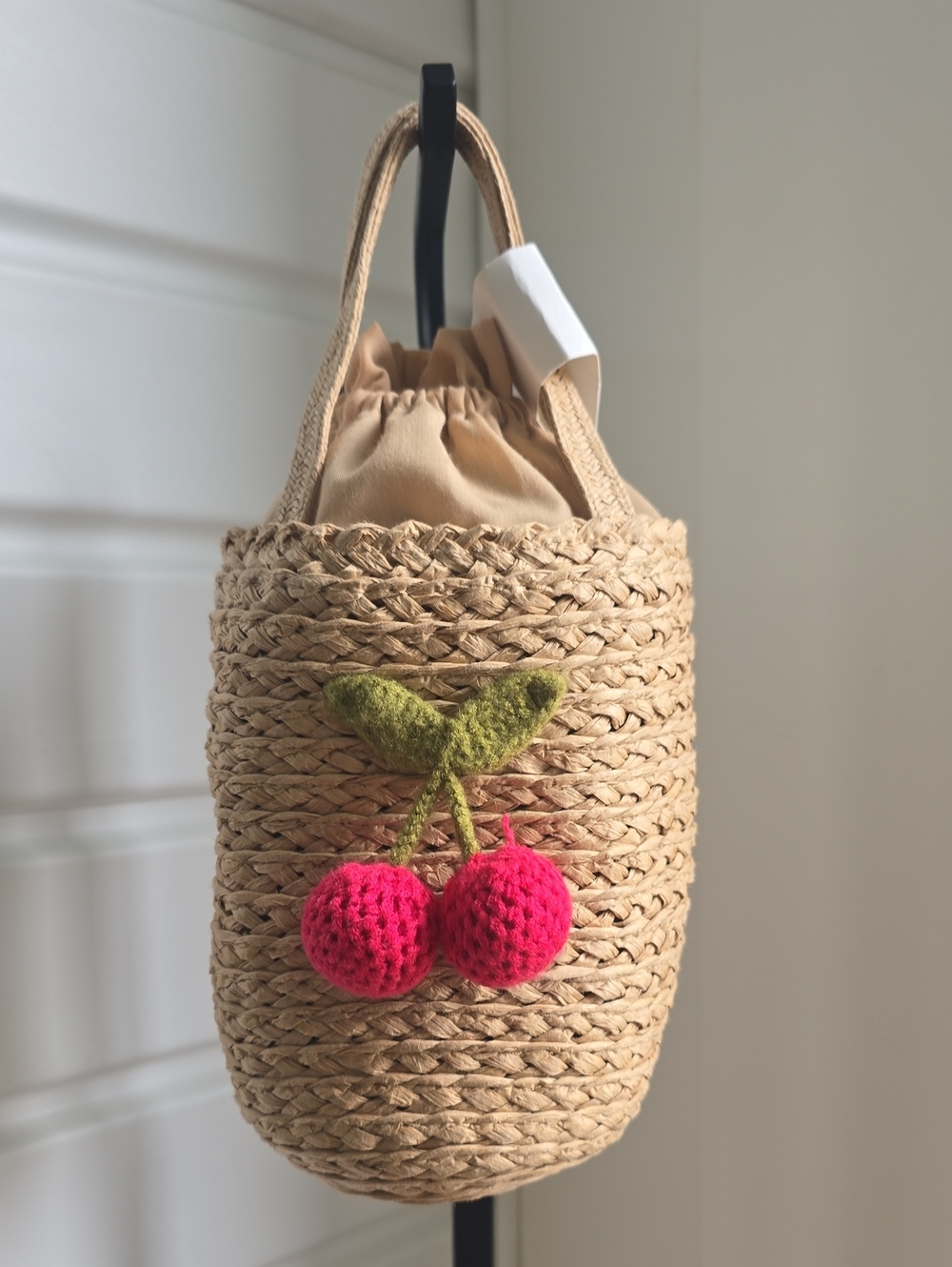 NWT Rachel Zoe Woven Straw Bucket Bag with Crochet Cherries